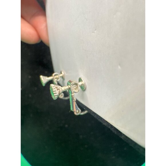 Vintage Silver-Tone Clip-On Earrings With Green Stone Accents - Picture 3 of 3